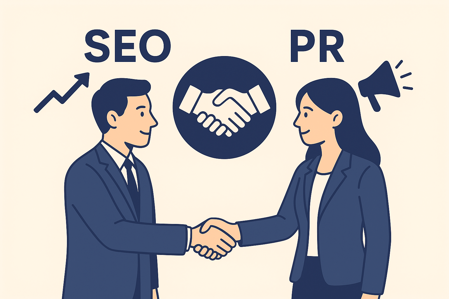 Illustration of two professionals representing SEO and PR shaking hands, symbolizing collaboration between search optimization and public relations.