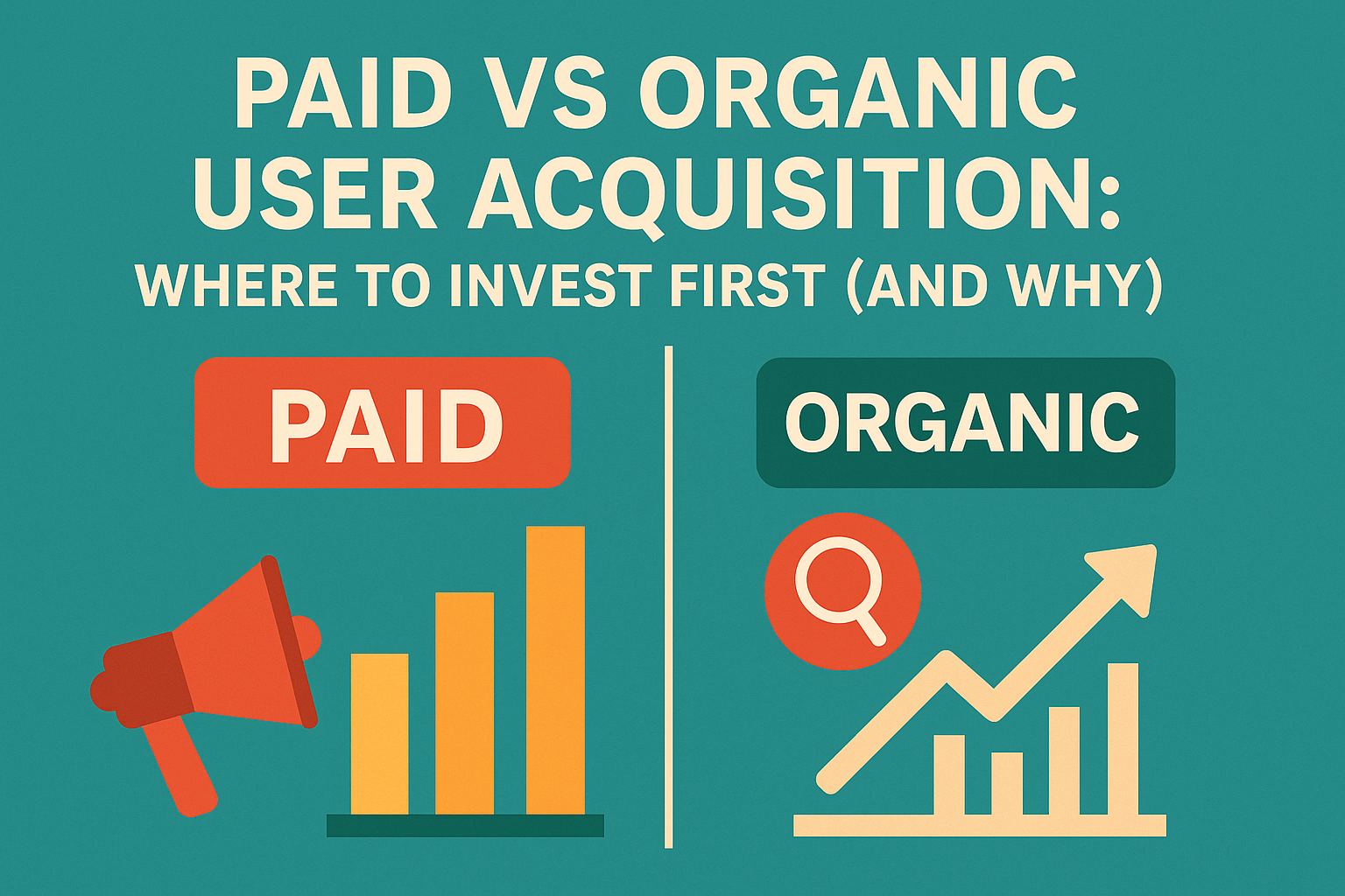 Infographic comparing paid vs organic user acquisition with icons for advertising and SEO growth, showing where startups should invest first.