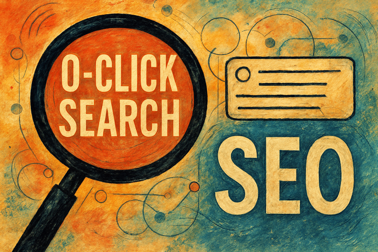 Artistic illustration showing a magnifying glass with the words "0-Click Search" and bold "SEO" text, representing modern search trends and zero-click results.