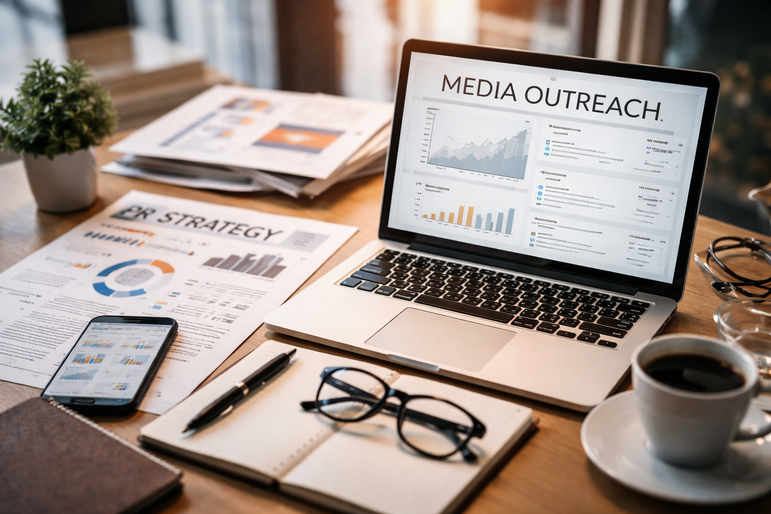 Digital marketing workspace representing PR strategy, online coverage, and brand authority growth