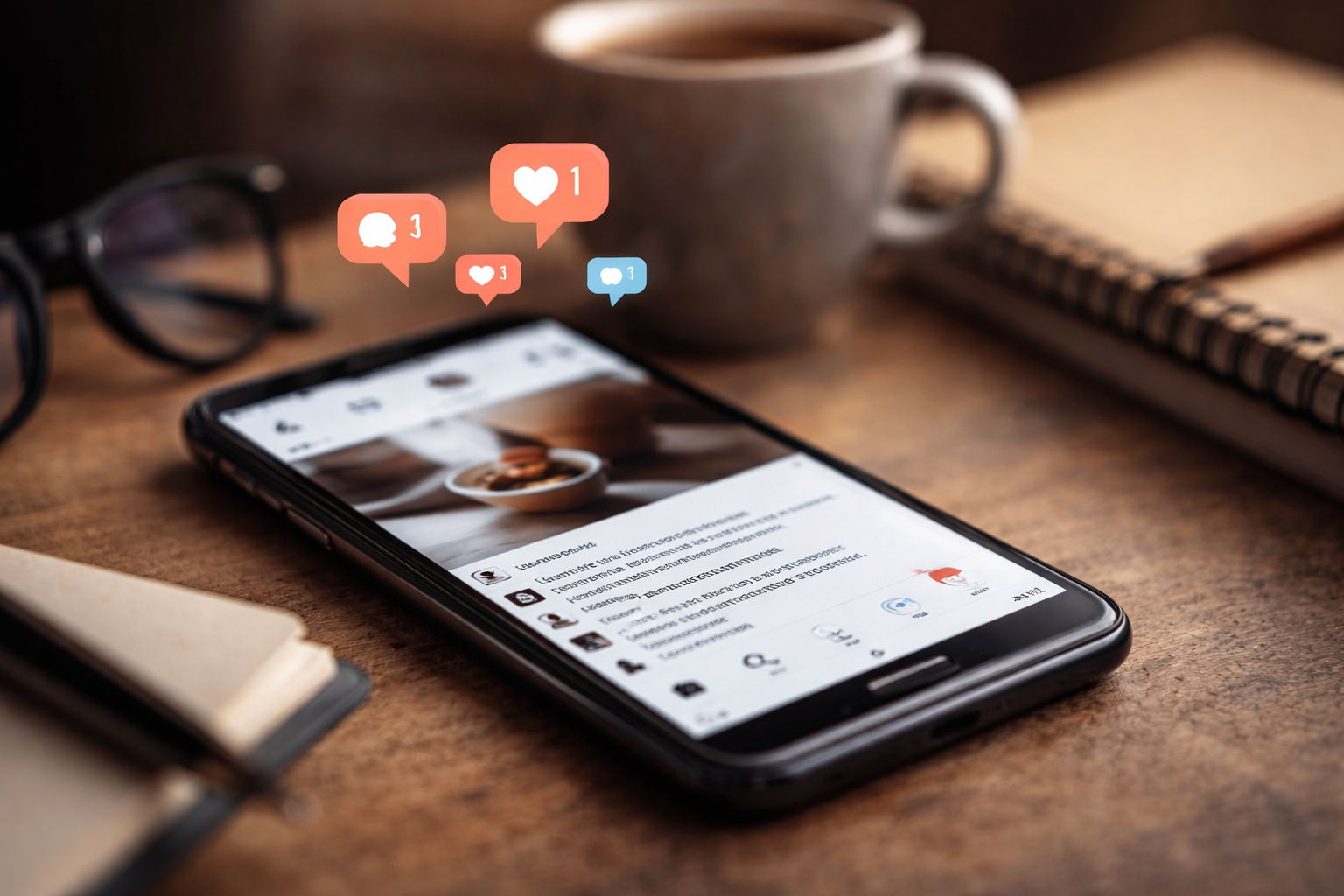 Smartphone displaying a social media feed with low engagement metrics in a modern workspace