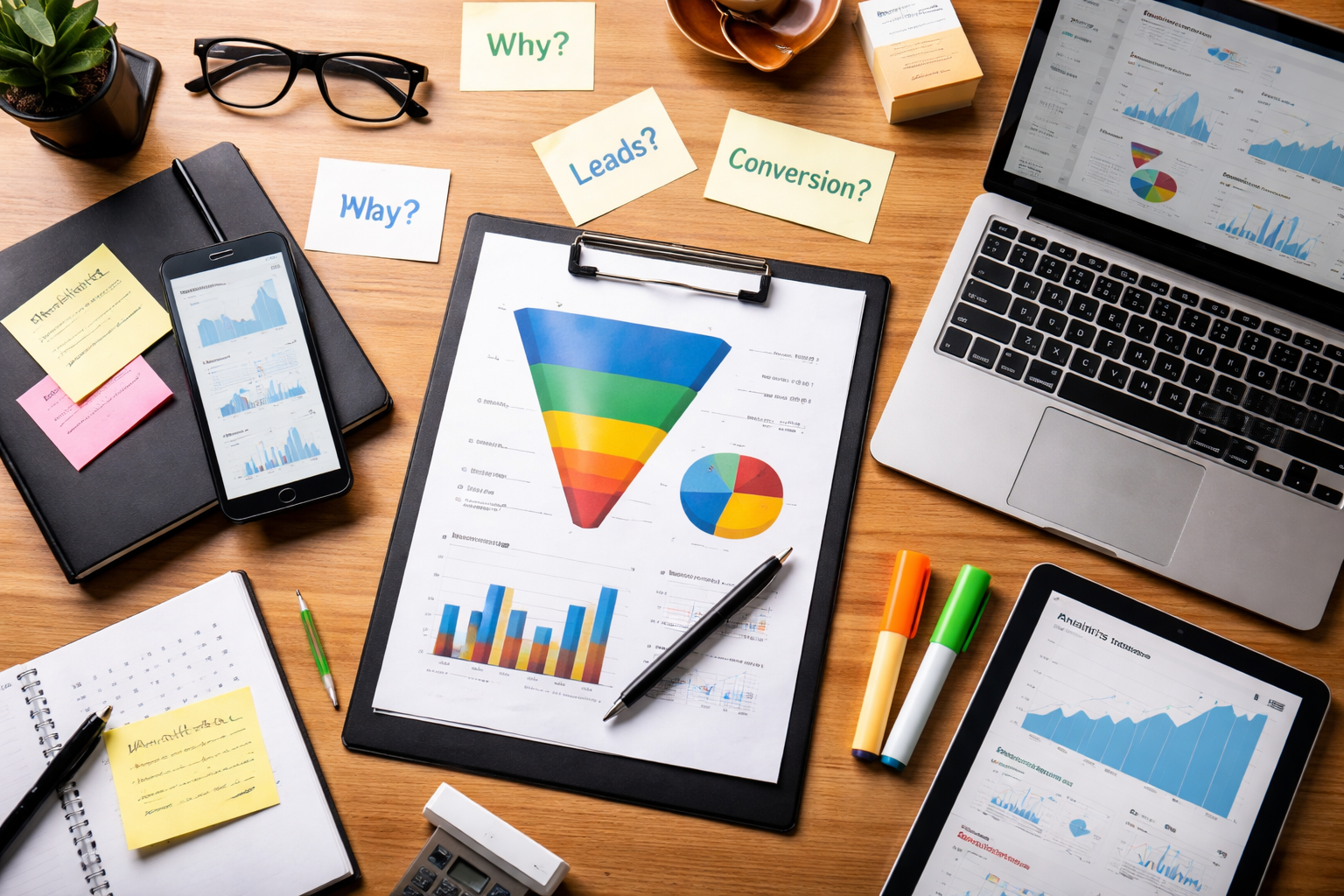Marketing analytics workspace with conversion funnel chart and performance dashboards on laptop and tablet