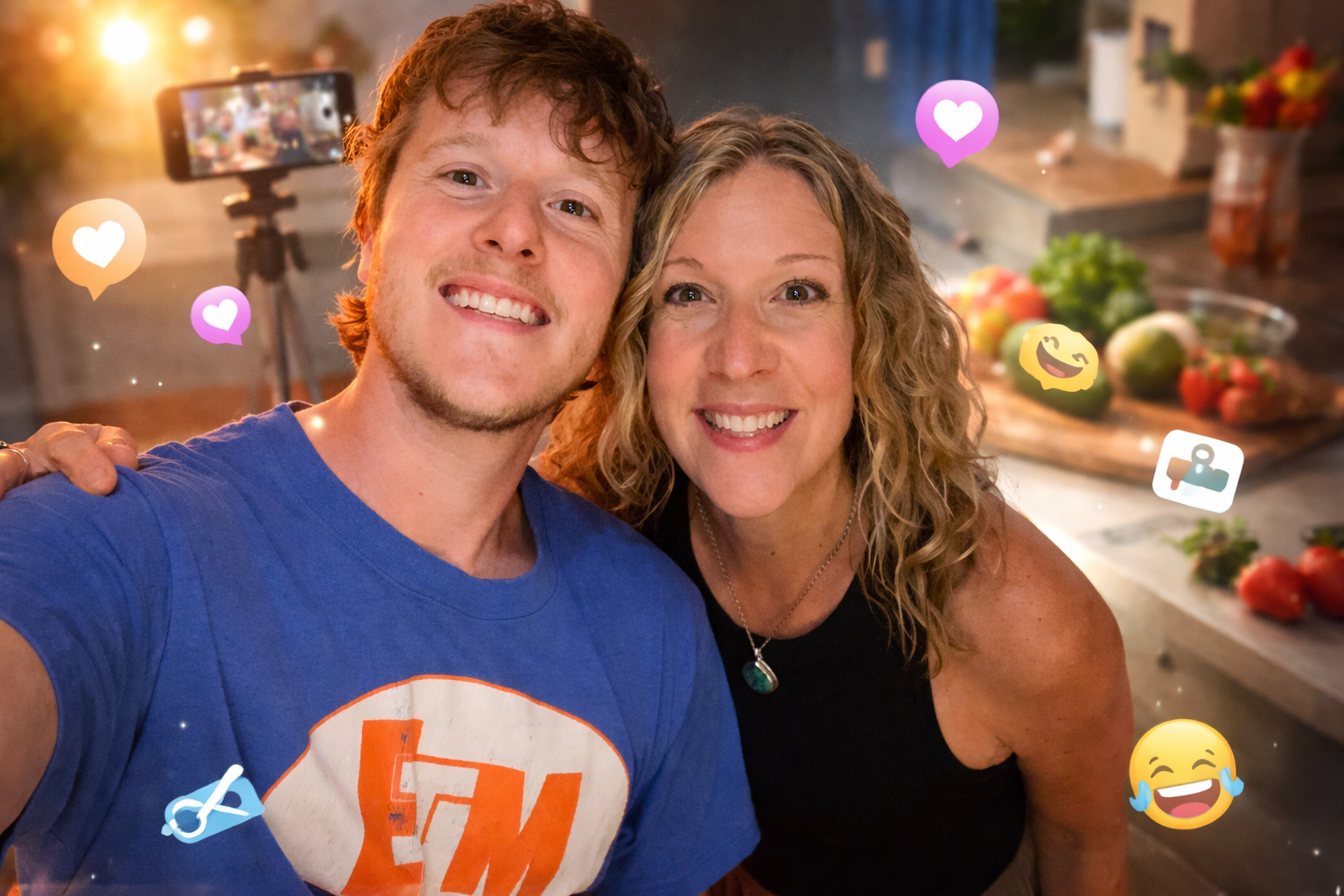 Two siblings smiling together in a kitchen, symbolizing how creative video editing helped transform serious therapy content into viral Instagram reels.