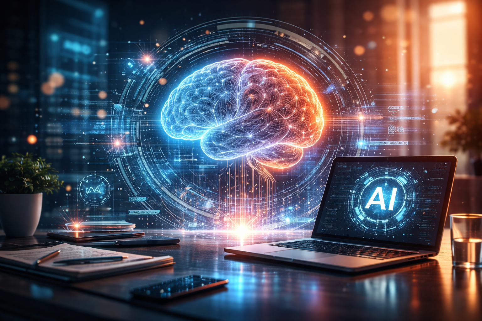 Futuristic artificial intelligence concept featuring a glowing digital brain interface above a laptop in a modern workspace with cinematic blue and orange lighting.