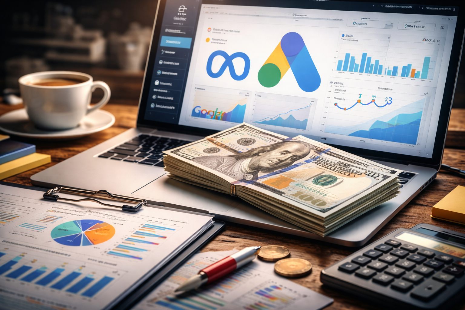 Conceptual image representing small business digital advertising strategy with laptop analytics, budget planning tools, and financial performance charts.