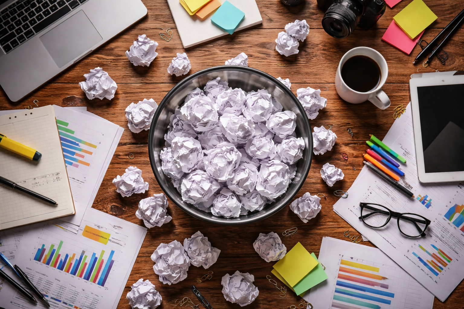 Top-down view of a cluttered desk with crumpled paper in a trash bin, surrounded by work tools and charts, symbolizing content overload.