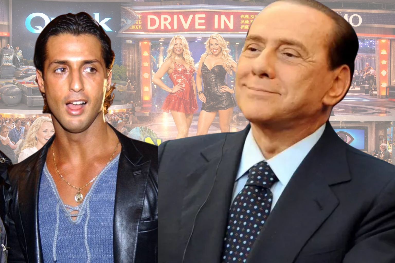 Mediaset and RAI television collage with Silvio Berlusconi and Fabrizio Corona representing product-market fit and the rise of attention-driven media in Italy
