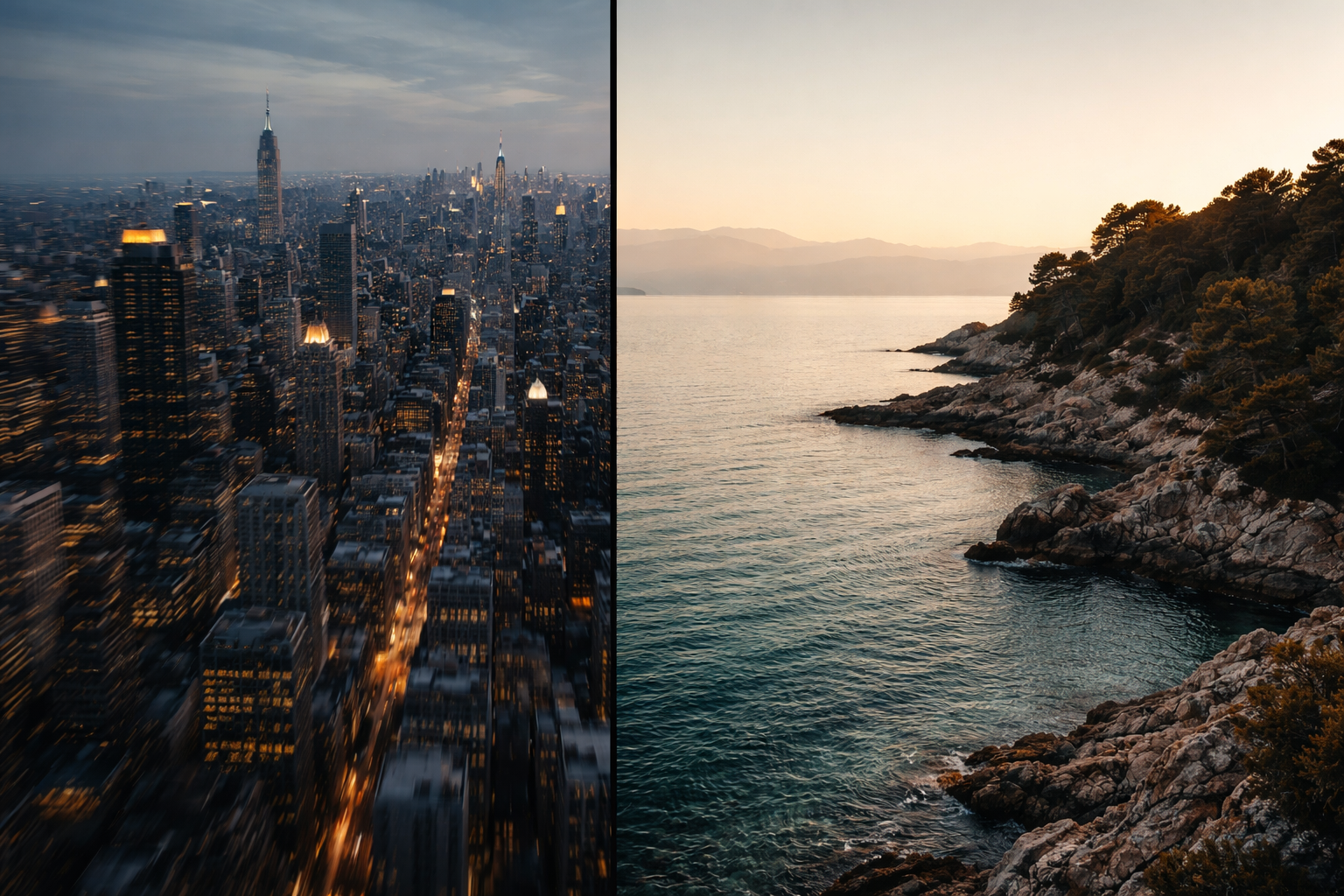 Split editorial photograph showing a blurred city skyline at dusk contrasted with a calm Ionian coastline at golden hour, symbolizing the contrast between fast-paced business environments and strategic clarity.