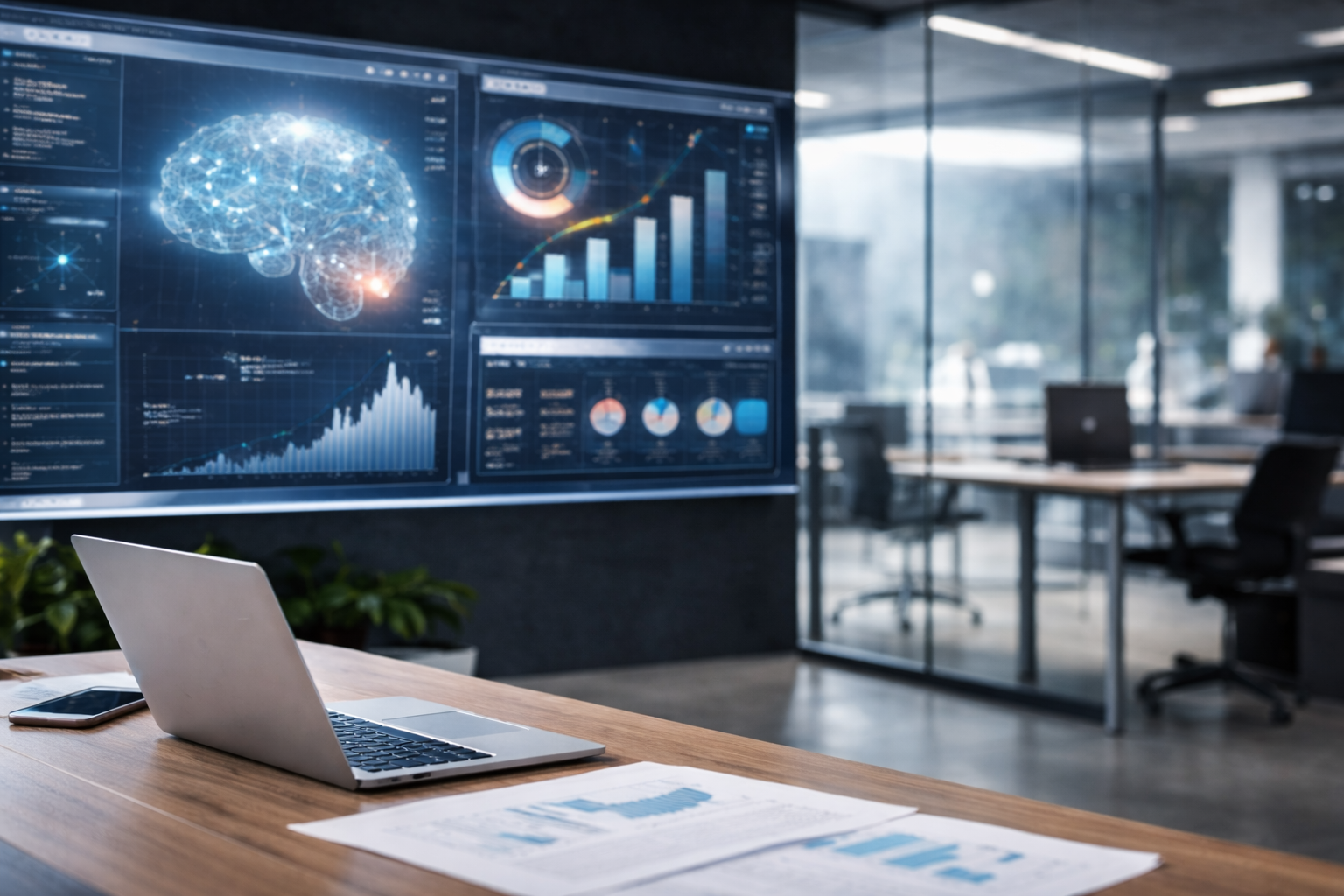 Modern AI startup workspace with analytics dashboards, growth charts, and data visualizations representing strategic AI marketing and scalable growth.