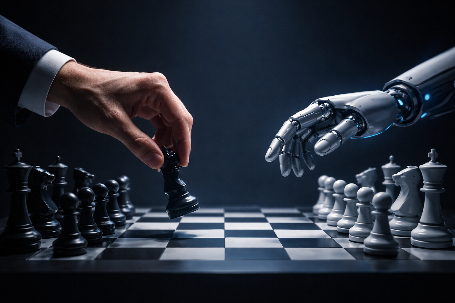 A human hand and an AI hand reaching toward a chessboard, with only the human moving a piece — representing AI as a tool, not a strategist