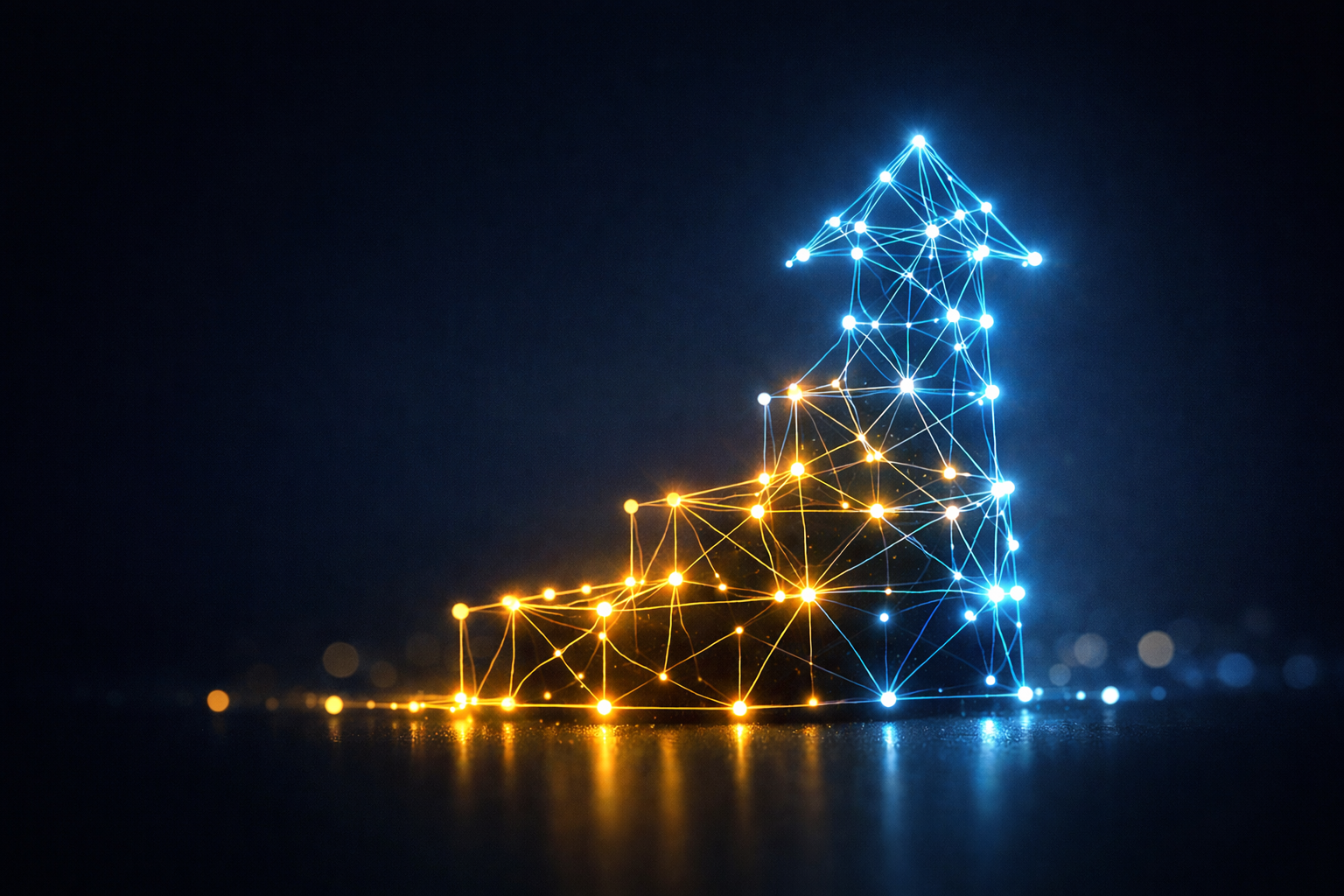 Abstract visualization of an AI growth stack for VC-backed founders in 2026 — interconnected nodes representing authority, content, paid acquisition, and conversion strategy