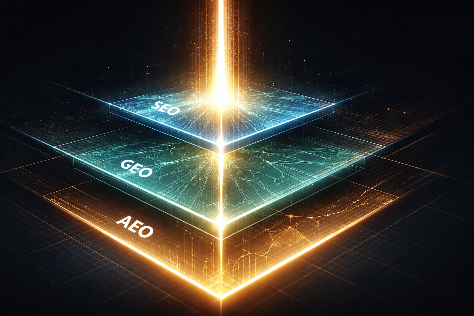 Diagram concept showing SEO, GEO, and AEO as three interconnected layers of a modern search visibility strategy