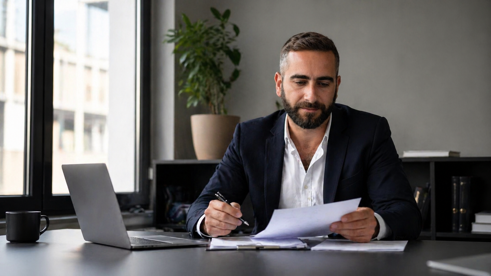 A focused professional in a dark blazer reviews documents at a minimal desk with a laptop open, natural window light, clean background
