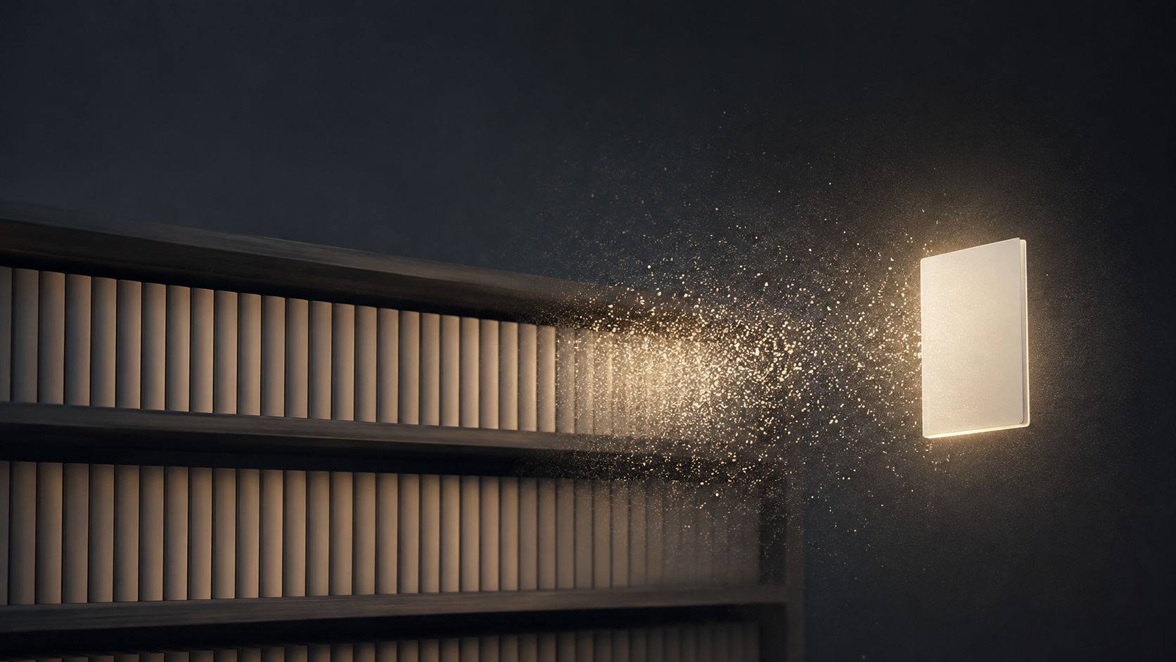 Conceptual illustration of a library shelf dissolving into light and reforming as a single glowing card, representing B2B brand visibility inside AI search answers.